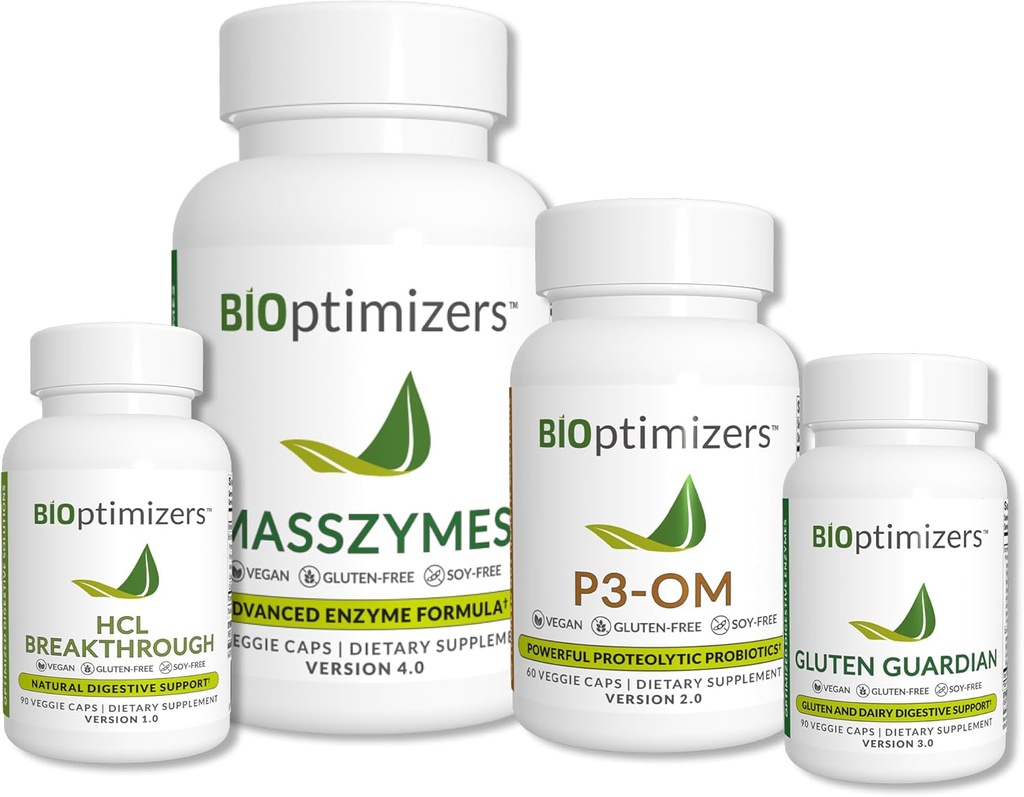 BiOptimizers - Essential Digestive Enzimes Bundle - P3-OM - Gluten Guardian - MassZymes - HCL Breakthrough - Doctor- Formuled - 360 kapszula