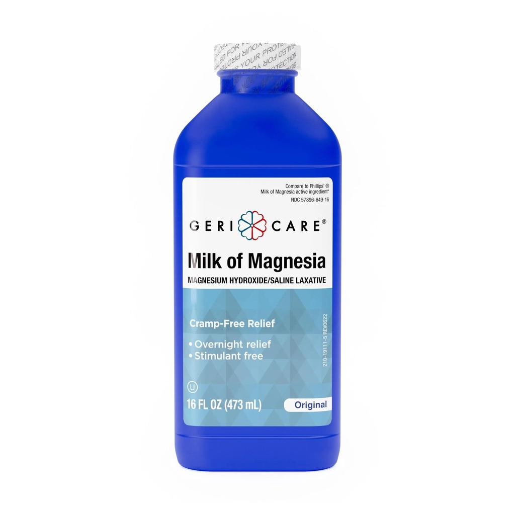 GeriCare Milk of Magnesia, Magnesium Hydroxide 1200mg | Original Flavor | Constipation Relief | Cramp-Free, Saline Laxative |16 Fl Oz (Pack of 1)