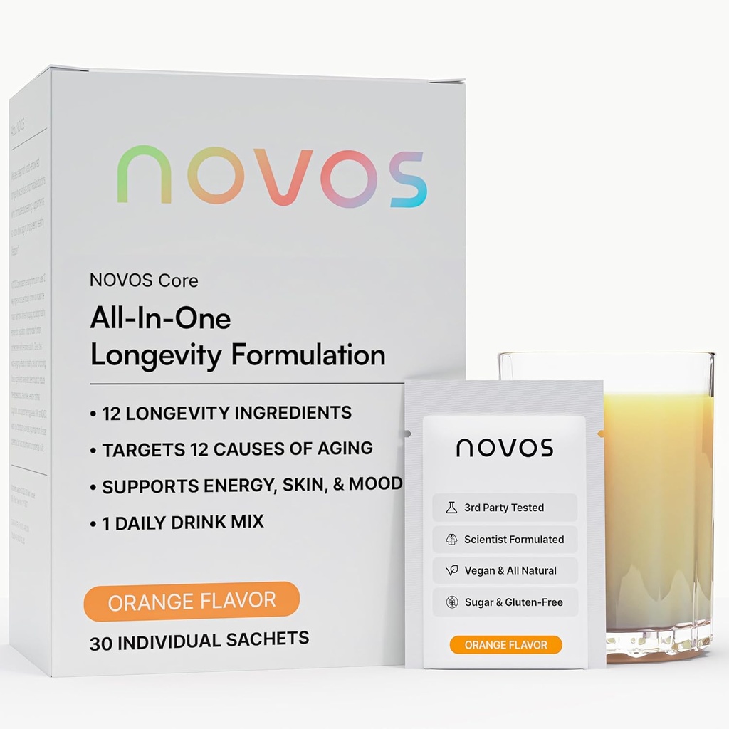 NOVOS Core Longevity Mix, Anti- Senėjimo papildas, Geriamasis milteliai Packet Orange Schilor - Odos palaikymas, energija, nuotaika, miego ir kognicijos parama - 30 Paslaugos