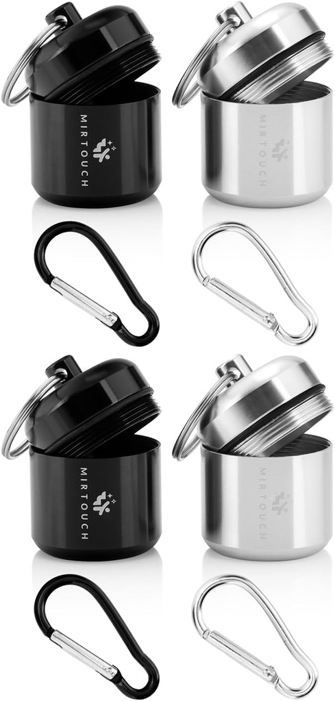 Pārnēsājams Keychain Pill turētājs Kaste apaļām glikozes tabletēm un kritiskiem medikamentiem - Diskrēta, ūdensnecaurlaidīga Atslēgu ķēdes Pill Container Carrier ar spēcīgiem karabīnēm - Aluminum Sakausējuma FOB Box - 4 Pack