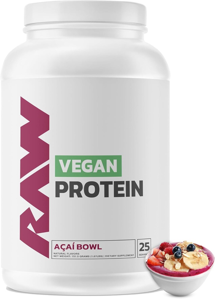 RAW Vegan Protein Powder, Acai Bowl - 20g landareetan oinarritutako proteina-hautsa eta muskulu-hazkundearen eta berreskuratzearen bitaminak dituena - behe-hanka, behe-hanka, naturalean Flavored & Sweetened - 25 zerbitzu
