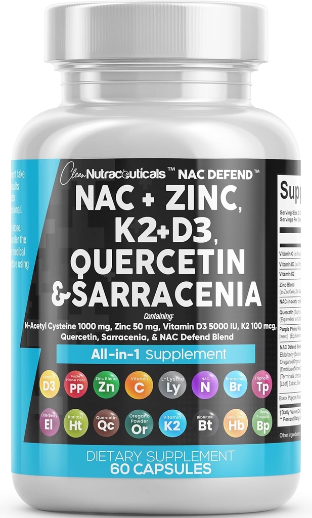 NAC supplement N-Acetyl Cysteine Vitamin D3 K2 Zinc Quercetin Sarracenia Purpurea Immune Support - Elderberry Holy Basil Bee Propolis Bromelain L-Lysine Capsules supplements for Women Men Adults