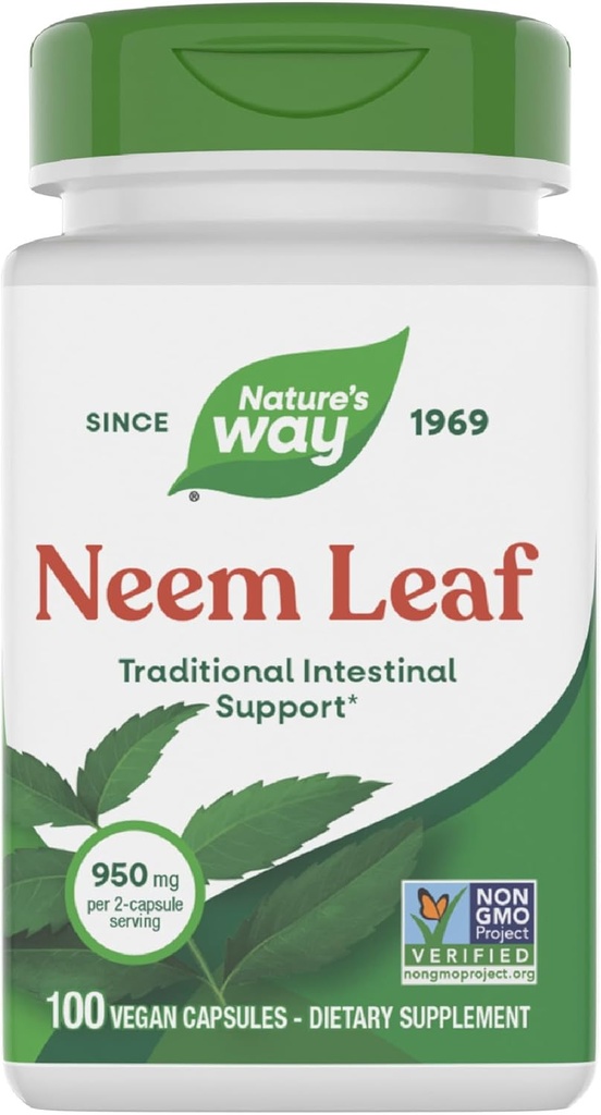 Nature's Way Neem Leaf Capsules, Perinteinen suolistotuki*, käytetään Ayurveda, 950 mg per 2-Capsule Serving, ei-GMO-projekti todennettu, Vegan, 100 Count (Pakkaus toukokuussa Vary)