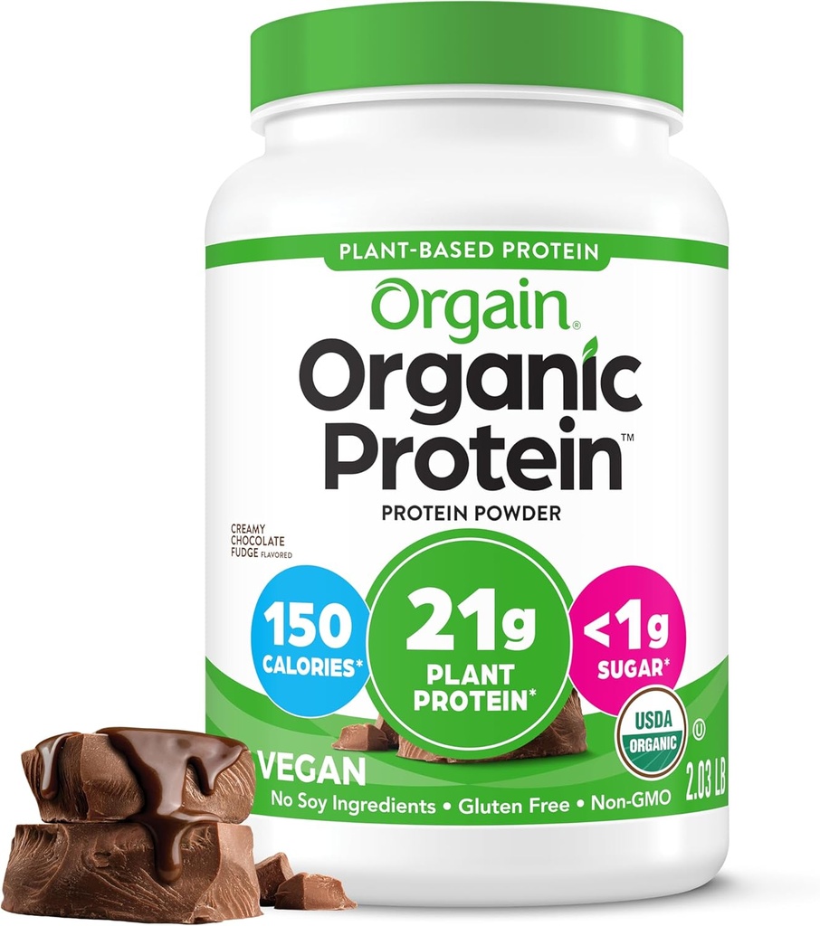 Orgain Vegan Powder Organik, Creamy Chocolate Fudge - 21g Plant Protein, 6g Prebiotic Fiber, Low Net Carb, No Laktosa Ingrediens, No Ditambahkan Sugar, Non-GMO, For Shakes & Smoothies, 2.03 lb