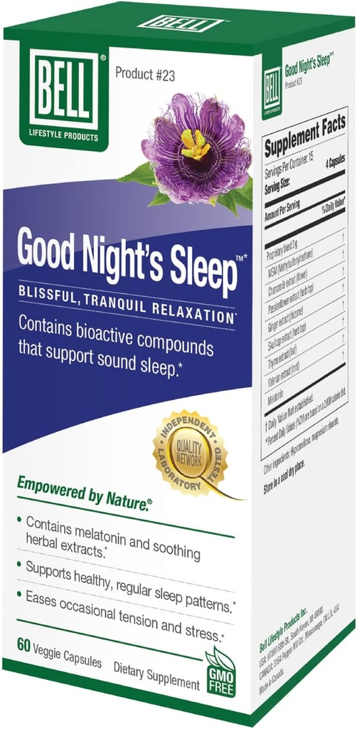 Bell Lifestyle Good Night's Sleep - Natural Sleep Support melatoniinilla ja kasviperäisellä uutteella, tukee rentoutumista ja unikuvioita, 60 kasviskapselia