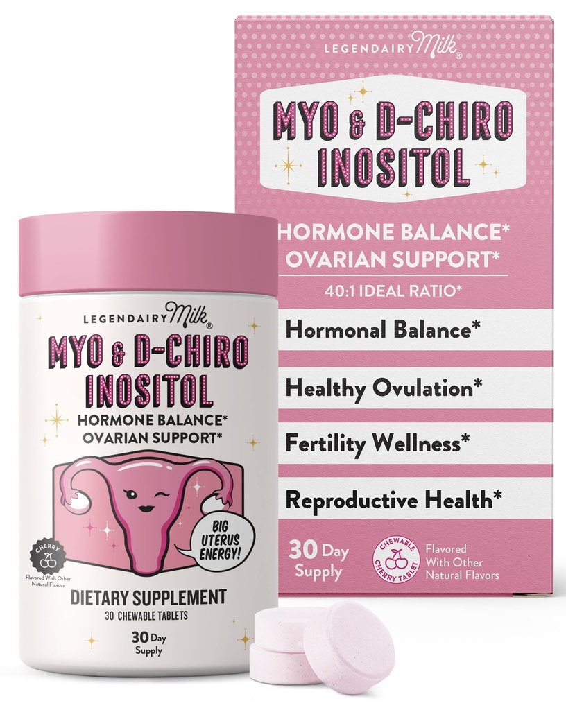 Legendairy Milk Myo-Inositol & D-Chiro Inositol Supplement for Women, 40:1 Ratio, PCOS & Fertility Support, Hormone Balance, Sugar Free Vegan Chewable Tablets, Cherry Flavor, 30 Day Supply