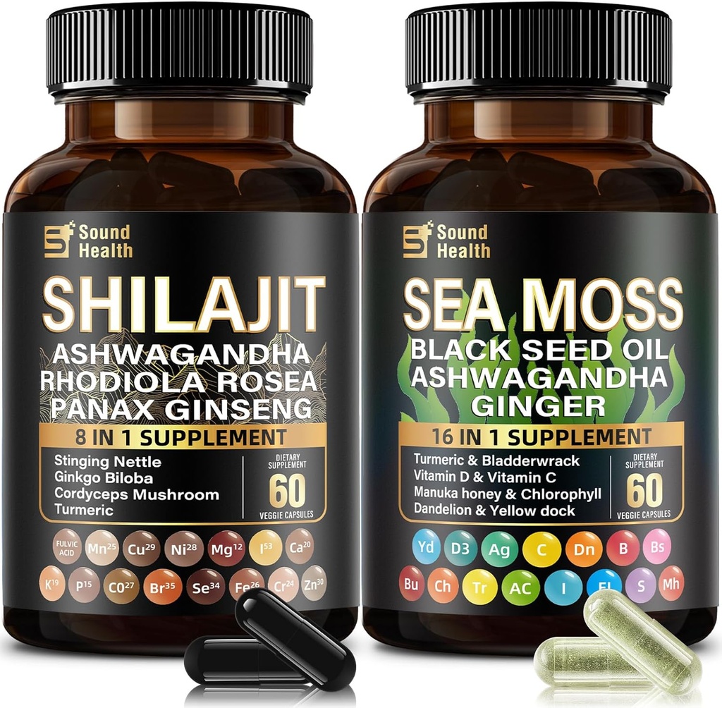 SoundHealth Irish Sea Moss " Shilajit Capsule Bundle for Men " Women, Third-Party Tested, Non-GMO, easy-Swallow " Vegan 120 Capsules