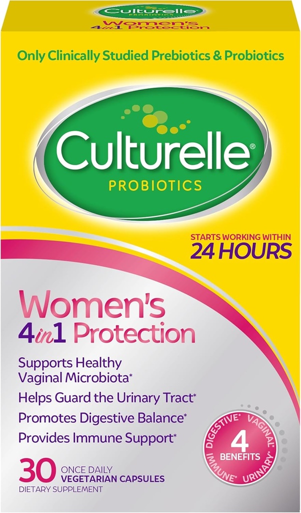 Culturelle 4-in-1 Probiotikoak emakumeentzat, Eguneroko Probiotikoak eta Prebiotikoak Vaginal Health, Digestive Health, Immune Health, Occasional Diarrhea, Gas & Bloating Relief, Non-GMO, 30 Count