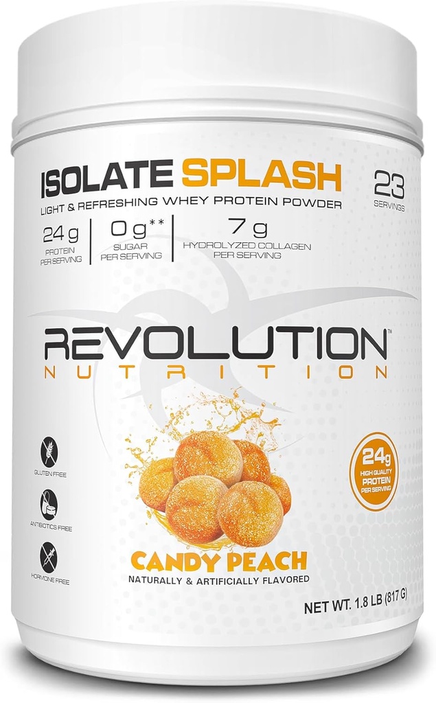 Revolution Nutrition, Isolate Splash, Clear Wheey Protein Powder, Juice-Type Protein, Candy Chlavour, Collagen, 24g Protein Per Scoop, Zero Sugar, 817g, 23 Servings (Canddy Peach, 1,8 libra)