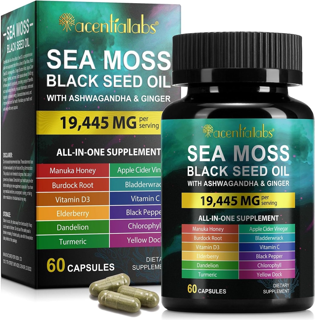 Sea Moss Black Seed Oil Cápsulas, Ashwagandha Ginger Cápsula com vitamina C D3, Multi Blend Nutrition Supplement for Immunity, Digestive, Energy, Skin & Hair, Black Seed Oil Sea Moss Cápsulas, 60P