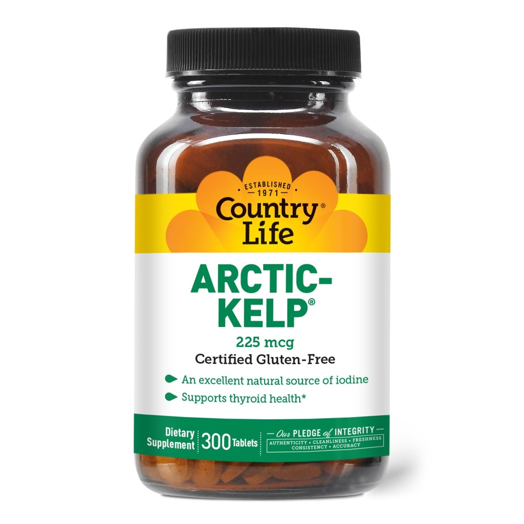 Country Life Arctic-Kelp – Natural Iodine Supplement for Thyroid and Immune Support – Vegan, Gluten-Free, 225 mcg – Ideal for Thyroid Health, Hypothyroidism, and Adrenal Support, 300 Tablets
