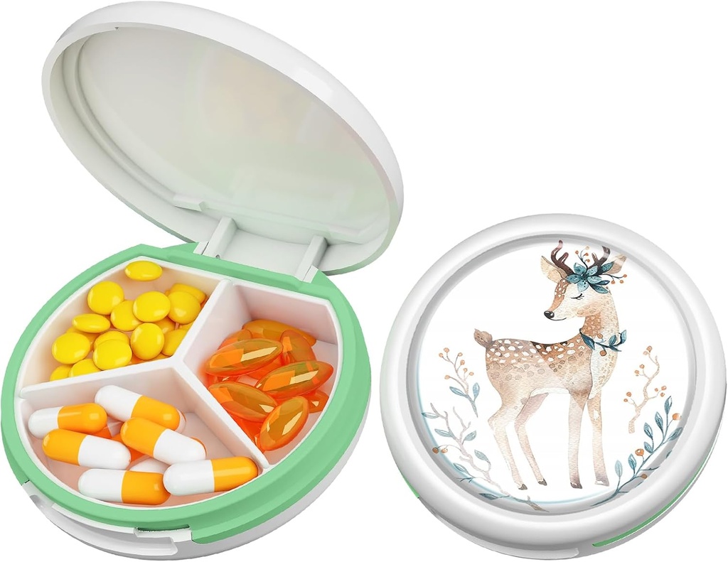 Serfeymi cutie pilula mici - 3 Compartimente cutie pilula portabila pentru buzunar Purse, Compact Mini Travel Pill Case - Potrivit pentru Medicina, Vitamina, Ulei de pește, Suplimente - alb (Deer)