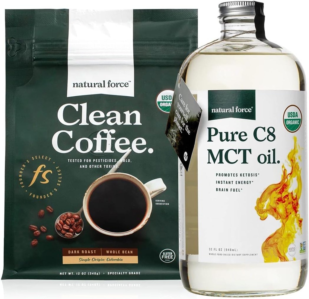 Natural Force Dark Roast Clean Coffee + Organic Pure C8 MCT Oil Bundle - 100 % C8 MCT & Mold & Mycotoxin Free Coffee - 비 GMO, Keto, Paleo 및 Vegan - 12 Oz 및 32 Oz