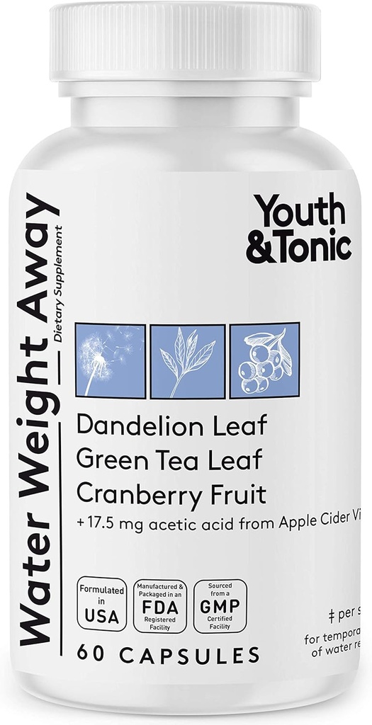 Youth & Tonic Natural Water Weight Away – Erbe Pillole Diuretiche per Bloating, Water Retention & Swelling Support for Women & Men – 60 Caps with Dandelion, Potassium, Green Tea & Apple Cider Vignegar