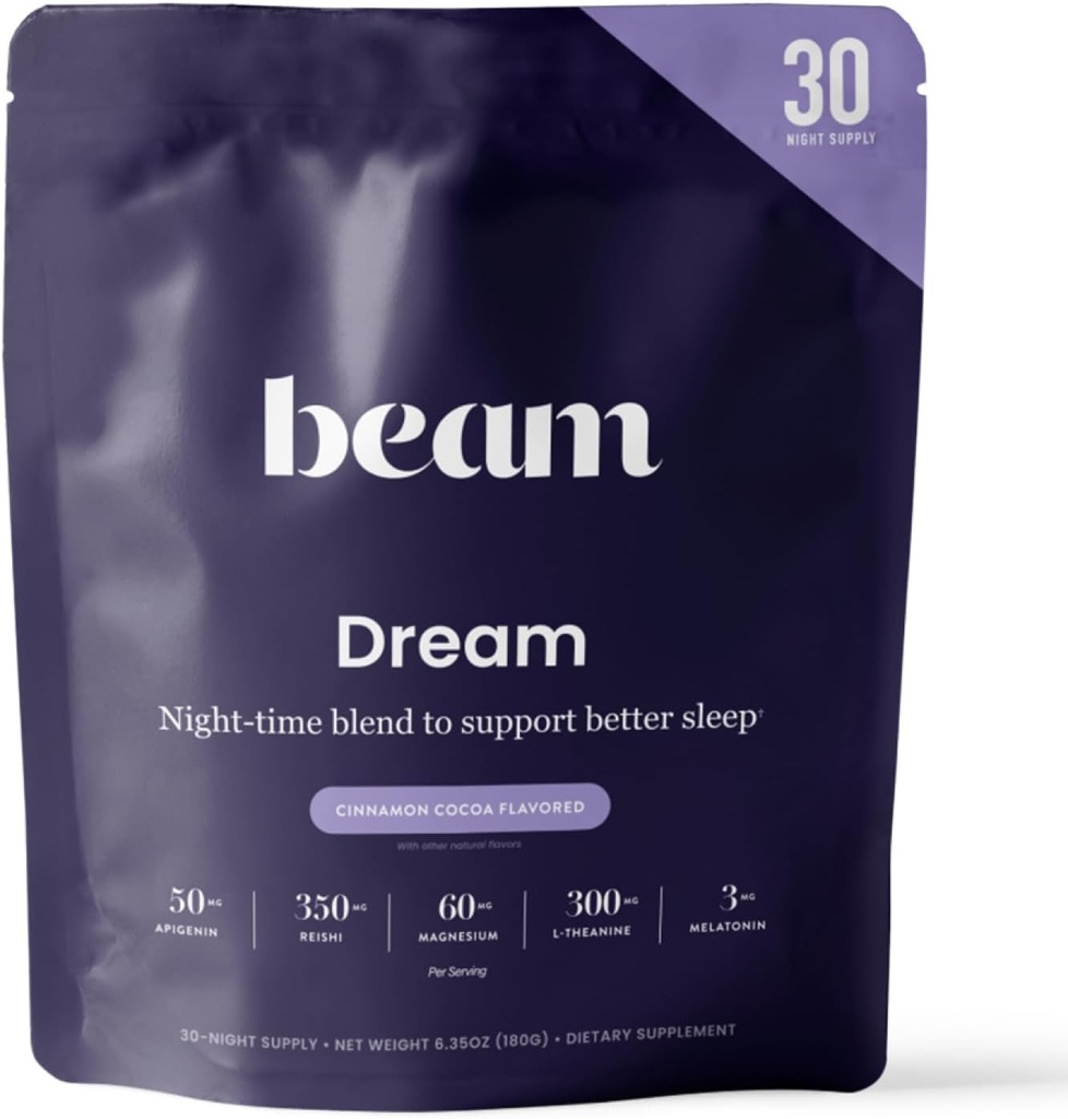 Beam Dream Sleep Powder, L- Theanine, Apigenin, Reishi i Magnezu, Strona trzecia Tested Natural Sen Pomoc i suplement do snu dla głębokiego snu, Relaks i Recovery, Natural Sleep Support, 30 Służenia