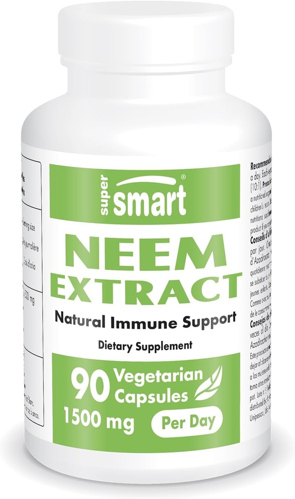 Supersmart - Neem Extract 1500mg на ден - Azadirachta Indica Leaf Oil Extract - Neem Appliment  по-малко от GMO & Gluten Free - 90 Вегетариански капсули
