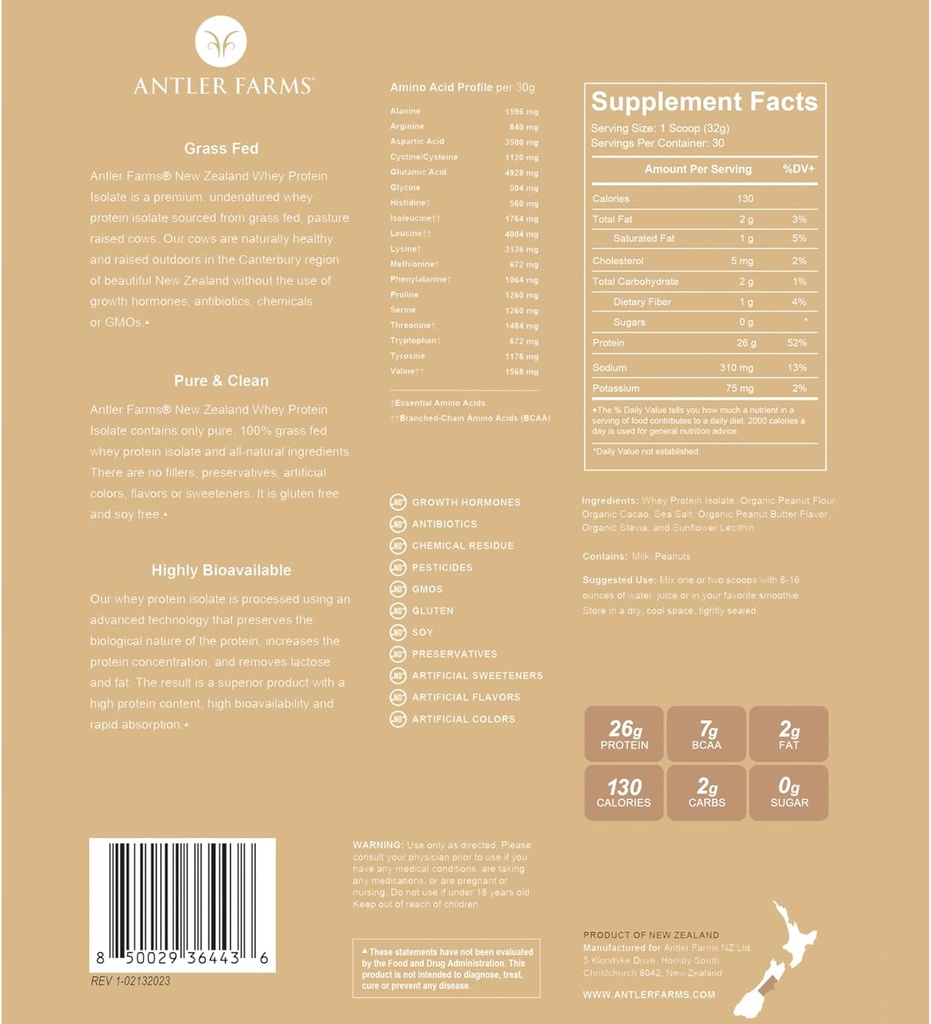 Granja d'Antler - 100% d' Grasand Feed Nova Zelanda Way Protein Isote, Peanut But Chocolate Flavar, 2 lbs - Pur i net, 7 ingredients, procés Fred