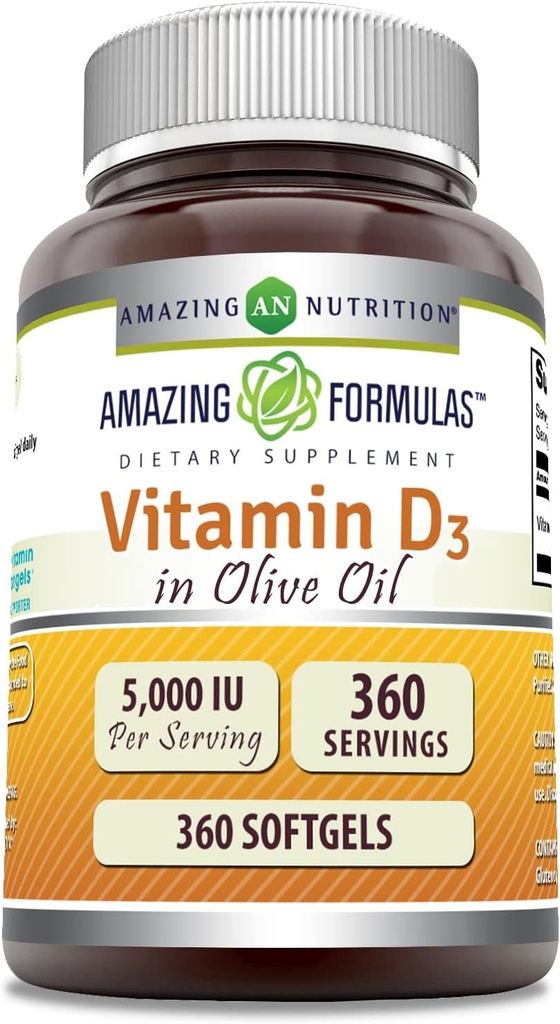 Apbrīnojamās formulas D3 vitamīns olīveļļā 5000 SV papildinājums          - Softgels - Non-GMO ---Free Gluten -Ražots ASV (1 Pack -- 360 Count)