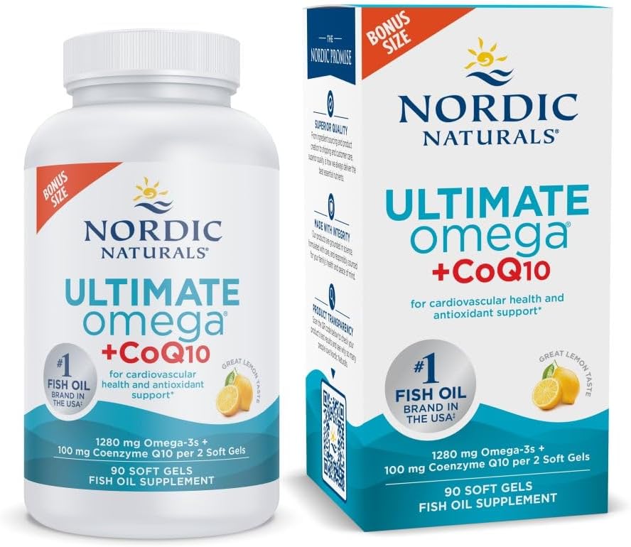 Nordic Naturals Ultimate Omega + CoQ10, Lemon - 90 Soft Gels - 1280 mg Omega-3 + 100 mg CoQ10 - Heart Health, Cellular Energy, Antioxidant Support - Non- GMO - 45 Servings