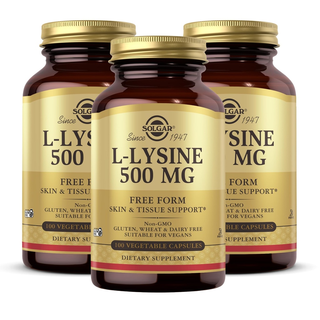 Solgar L-Lysine 500 mg - 100 Vegetable Capsules, Pack of 3 - Skin & Tissue Support - Non-GMO, Vegan, Kosher, Gluten Free - 300 Total Servings