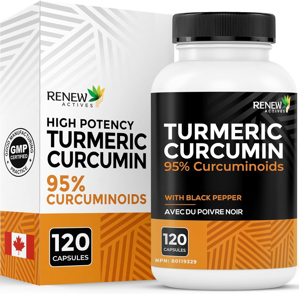 Renew Actives Turmeric Curcumin with Black Pepper – 600MG Turmeric Root, 100MG Curcuminoids per 2 Capsules – Supports Digestion, Liver Health, Joint Relief ' Mobility – Made in Canada – 120 Capsules