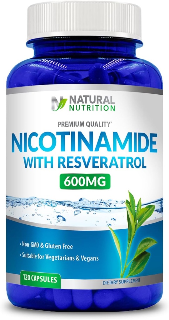 Vitamină naturală generică Nicotinamidă cu Resveratrol 600 mg (Vitamina B-3) 120 Capsule vegetale Gluten gratuit & non-GMO