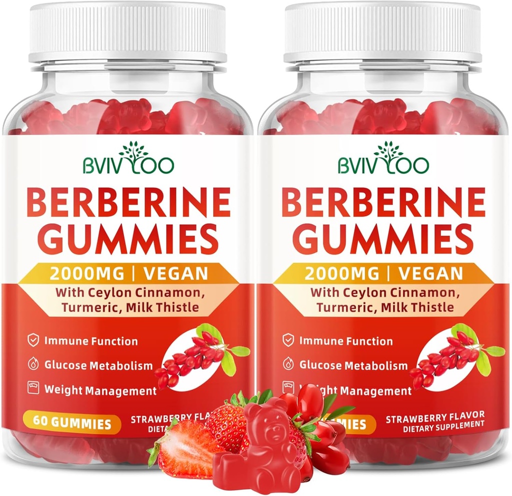 2 Packs Berberine Gummies, Sugar Free 2000mg High Potency Berberine HCI Supplement, Plus Ceylon Cinnamon, Milk Thistle for Women & Men, Immune System & Metabolisme Support - 120 Gummies