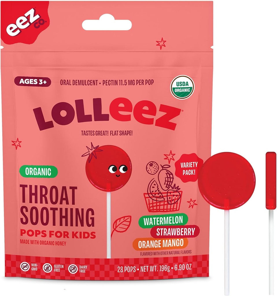 Lolleez Organic Lollipops för barn öm hals lindring, Variety Pack Perfekt för lugnande ont i halsen medan man smakar bra, jordgubbar, Watermelon & Orange Mango, 28 greve