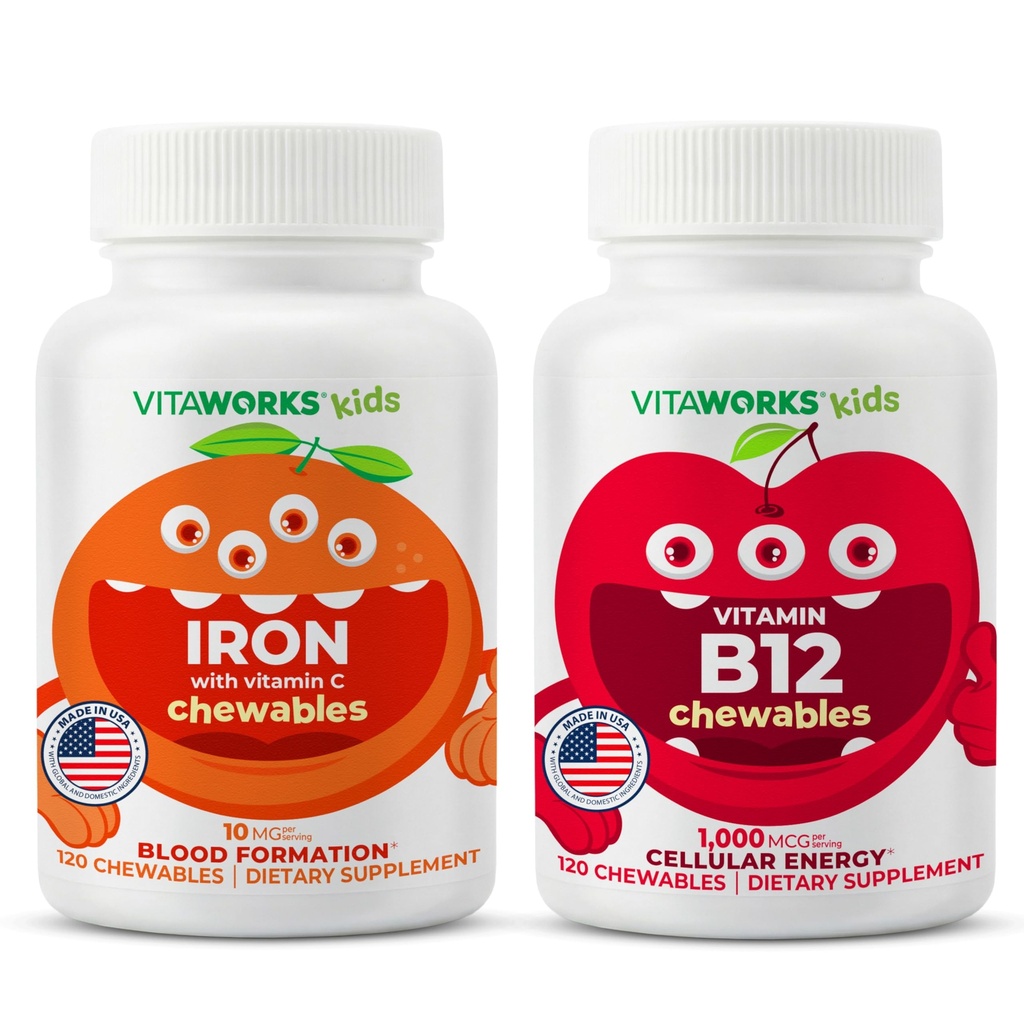 VitaWorks Kids Iron 10mg + Vitamin C Chewables + Vitamin B12 Chewables Bundle
