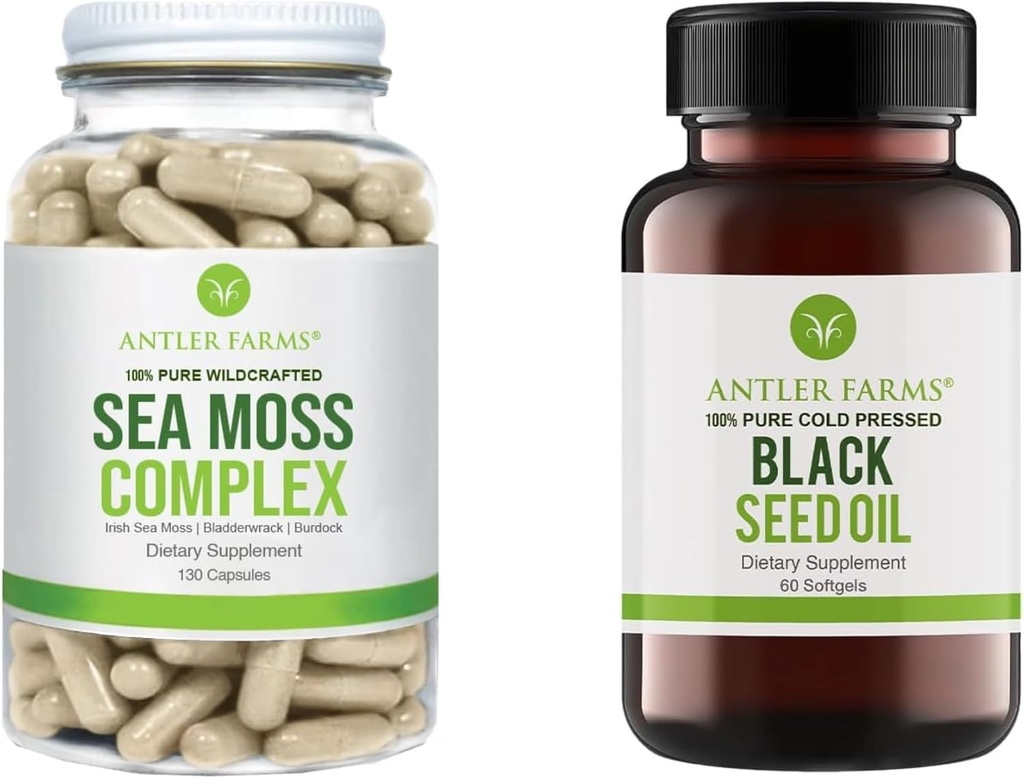 Antler Farms 100% Pure Sea Moss Complex & Black Seed Oil Bundle, Wildcrafted Irish Sea Moss & Turkish Black Cumin Nigella Sativa Seed Oil