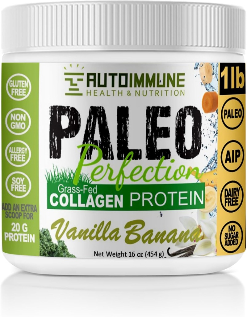Paleo Perfection Vanilla Banana Grass Fed Beef Collagen Protein Powder with Stederia - Paleo, Keto, SCD, AIP Protein Powder with Apple Fiber, Carrot & Brocoli - 1lb Protein Powder & Superfood Blend