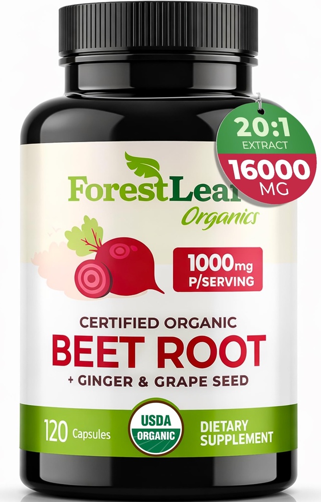 ForestLeaf USDA Organic Beet Root Capsules - Beetroot Supplement 1000mg 20:1 Extract w/Ginger Grape Seed - Support Blood Pressure, Nitric Oxide, Flow, Circulation - Made in USA - 120 Caps