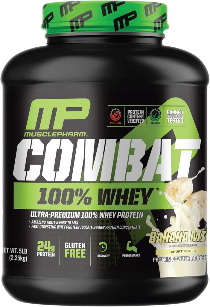 МускулиPharm Combat 100% Whey протеин на прах, Банан Млечен аромат, Бързо възстановяване и мускулна печалба с суроватъчен протеин Изолат, висок протеин прах за жени и мъже, Gluten Free, 5 LB, 70 Сервис