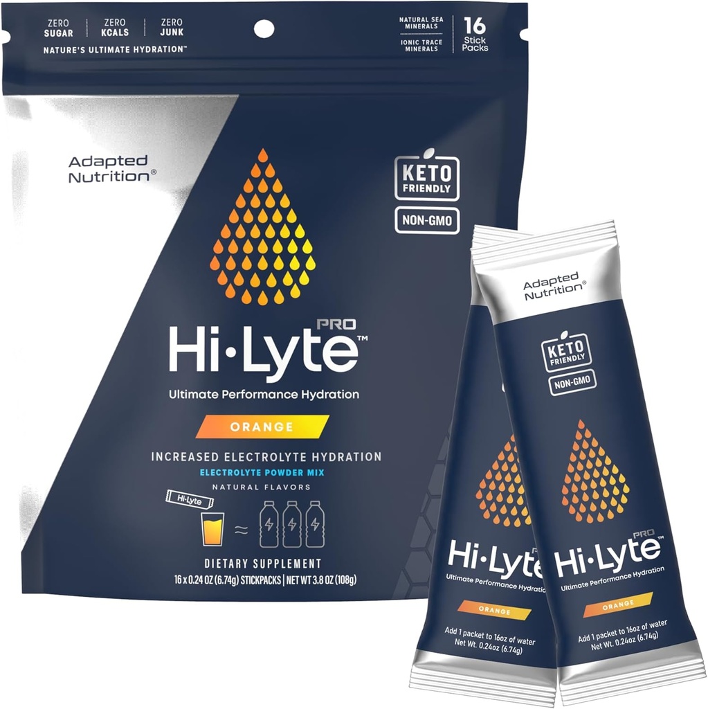 Nutrición Adaptado Hi-Lyte Pro Hydration Packets - 16 Individual Drink Packets | Orange | Flavored Electrolyte Powder | Sugar-Free, Zero Carb, Zero Calorie