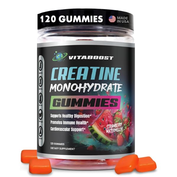VitaBoost Creatine Gummies 5g- Natural Creatine Monohydrate for Men & Women- Delicious Strawberry Watermelon Flavor- Boost Strength, Energy & Muscle Growth- Vegan Pre Workout Gummies- Made in USA
