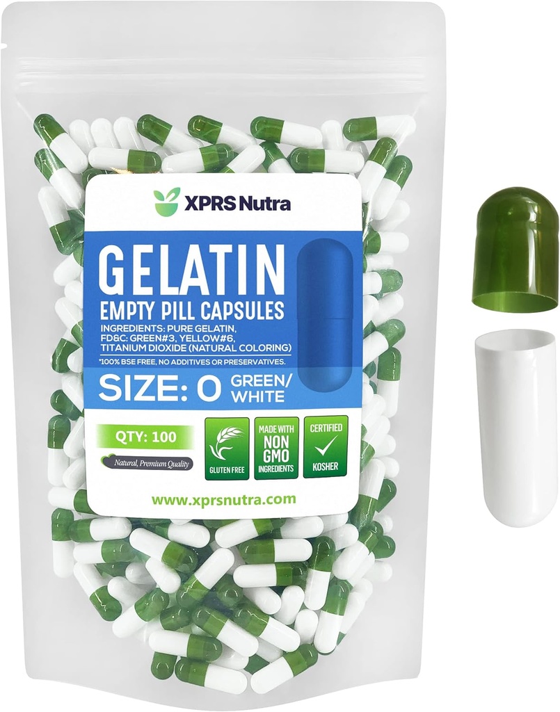 XPRS Nutra Größe 0 Leere Kapseln - 100 Graf Leere Gelatine Kapseln - Pillen DIY Kapsel Füllung - Pure Bovine Pill Gel Kapseln für Do-It-Yourself Ergänzungen (Green/White)