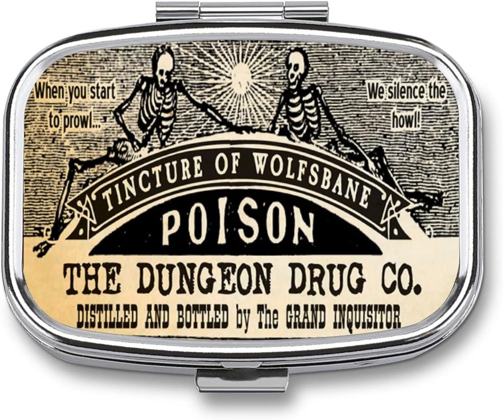Metāls 2 Iecirknis Pill Organizators Travel Friendly Portable Compact Box Cute Case Turiet vitamīnus /Tylenol / Zivju eļļa / Plāksnes / Meds / tabula Purse / Pocket (Poison Skull), 1.97x0.79x0.39'