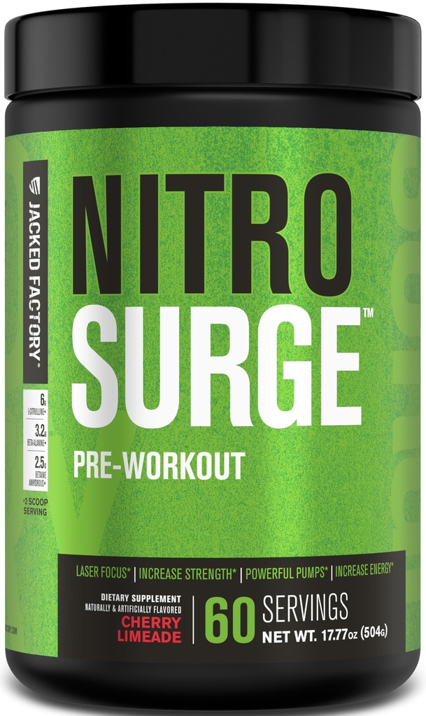 Jacked Factory NITROSURGE Pre Workout Supplement - Endless Energy, Instant Strength Gains, Clear Focus, Intense Pumps - NO Booster & Powerful Preworkout Energy Powder - 60 Servings, Cherry Limeade