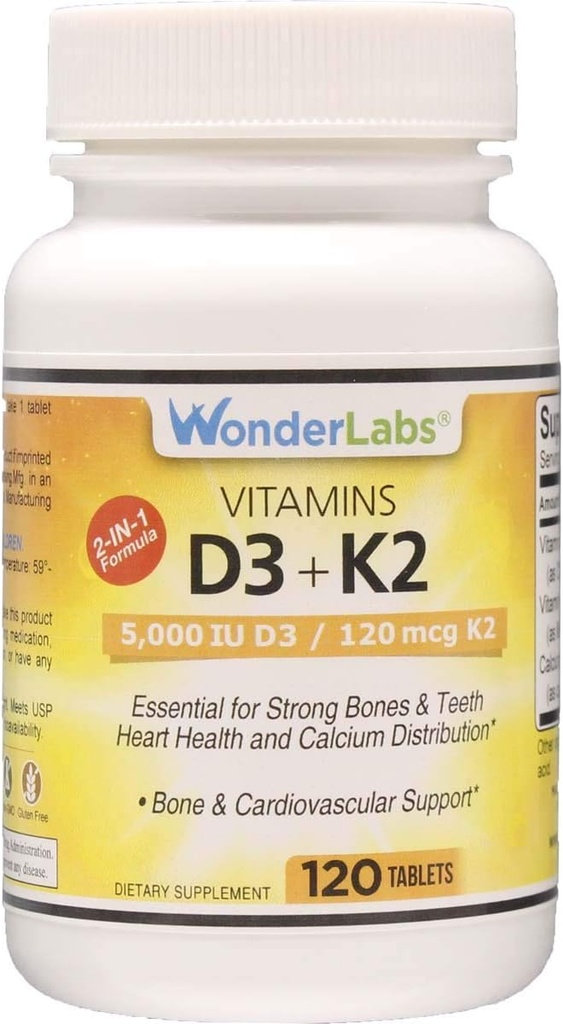 Wonder Laboratories Vitamine D 5.000 IE, Vitamine D3 + K2 Steun een gezond immuunsysteem, essentieel voor sterke botten, hartgezondheid en calciumdistributie, 120 tabletten
