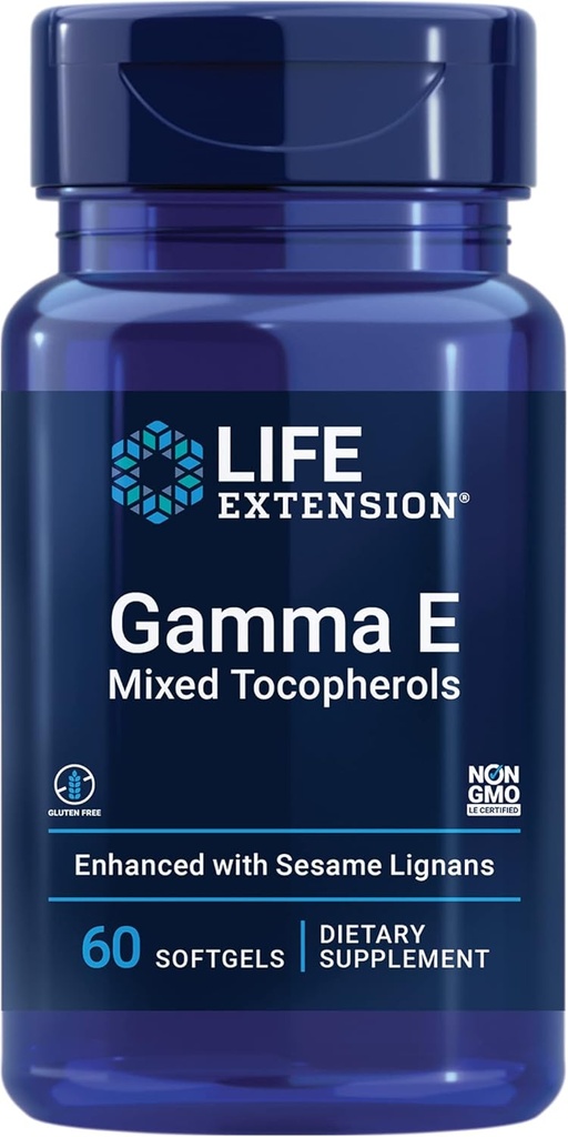 Extensão de vida Gamma E Tocoferols mistos, Envelhecimento saudável, Suplemento de vitamina E, Melhorado com lignans de sésamo, Sem glúten, Não-GMO, 60 softgels