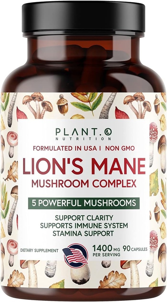 Plant.O Premium Lion 's Mane Dodatek, Všechny přírodní Nootropics Mozek Dodatek, 5 Houba Complex - Lion' s Mane, Reishi, Chaga, Maitake, Shiitake pro imunitu, Focus, Mood & Memory Boost, 90 Caps