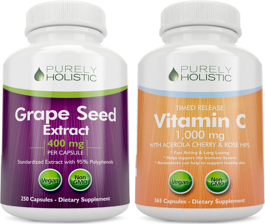 Rent Holistisk Grape Seed Extract 400mg + vitamin C 1000mg Time Release Bundle - 615 Vegan Capsules - Laget i USA