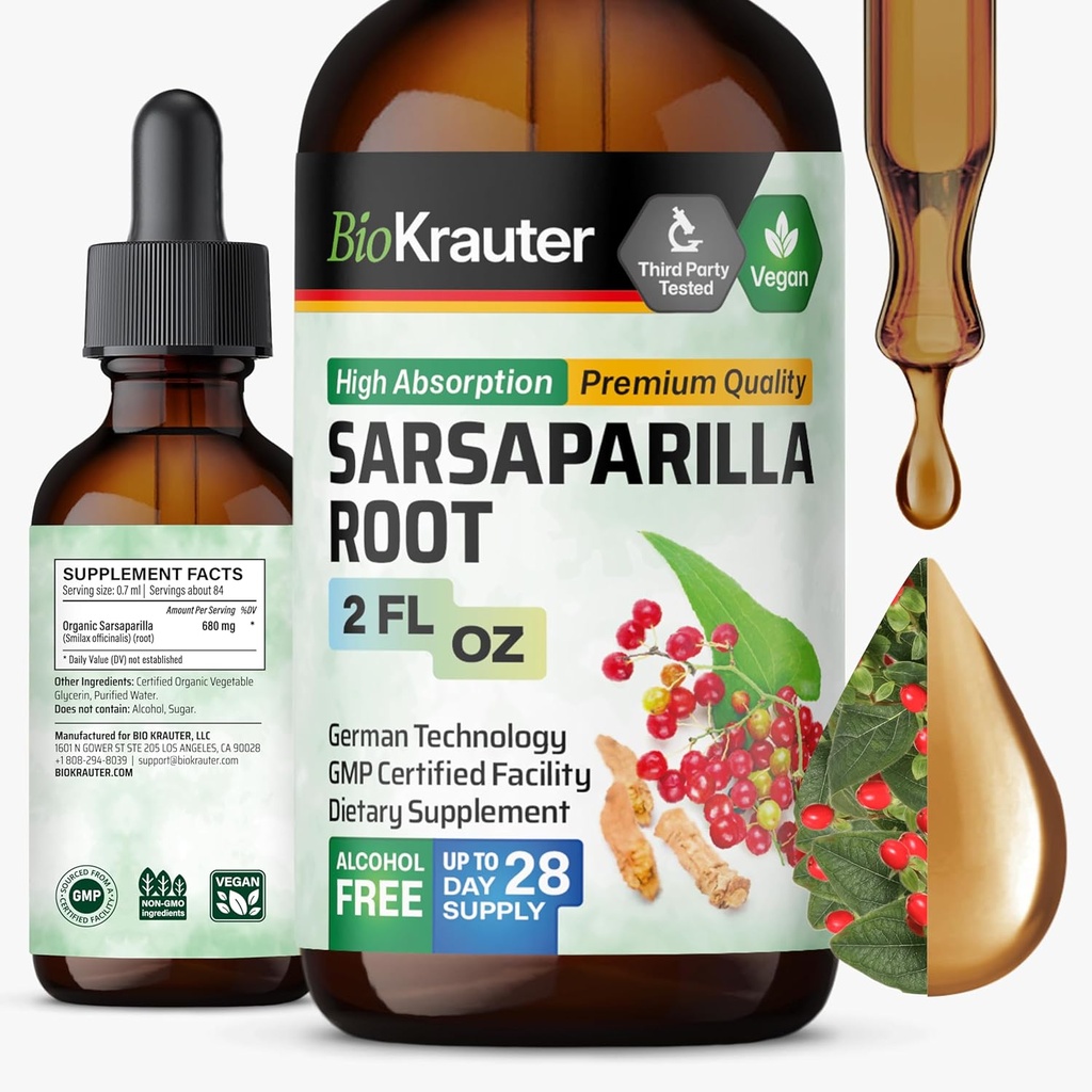 BIO KRAUTER Sarsaparilla Root Tincture - 라이브 지원을위한 초본 액체 추출물 보충 - 알코올 및 설탕 무료 Vegan Drops 2 Fl.Oz.