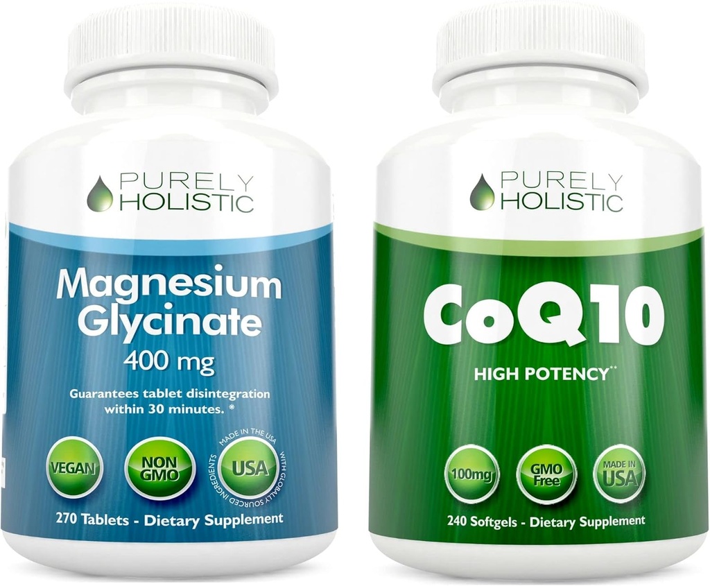 Magnesium Glycinate 400mg + CoQ10 100mg med organisk olivenolje Bundle - 270 tabletter og 240 Softgels
