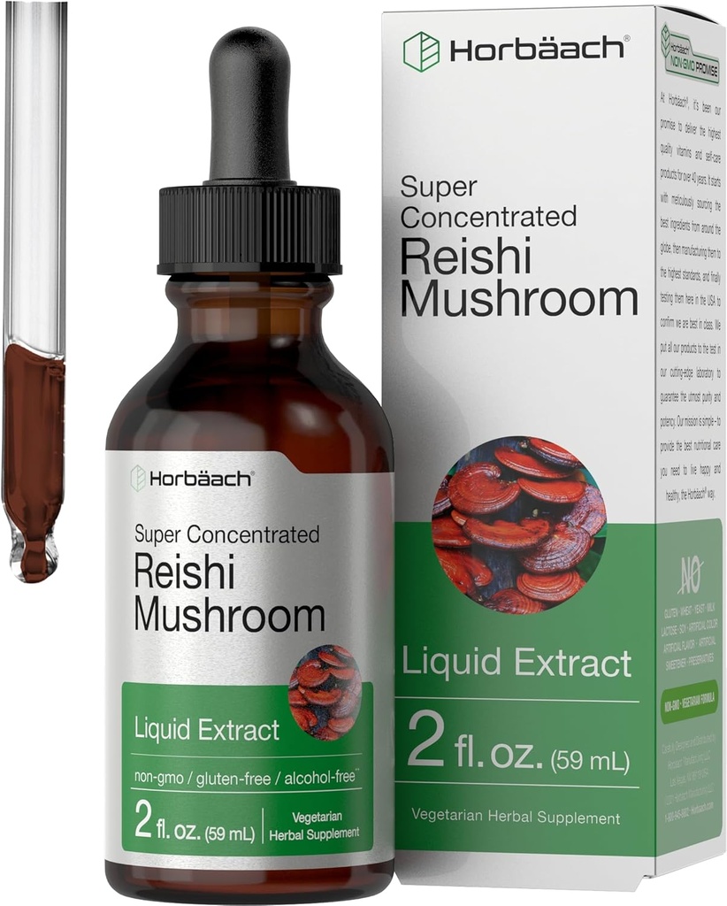 Horbäach Reishi Mushroom Extract Tincture | 2 Fl Oz | Жидкие капли | Ganoderma Lucidum | Vegetarian, Alcohol Free | Non-GMO, Gluten Free Supplement