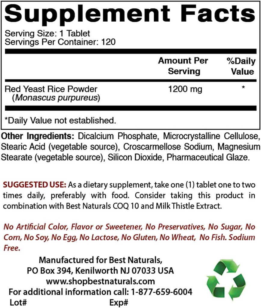 Best Naturals Red Yeast Rice Cholesterol Support 1200 mg & Vitamin B12 6000 mcg