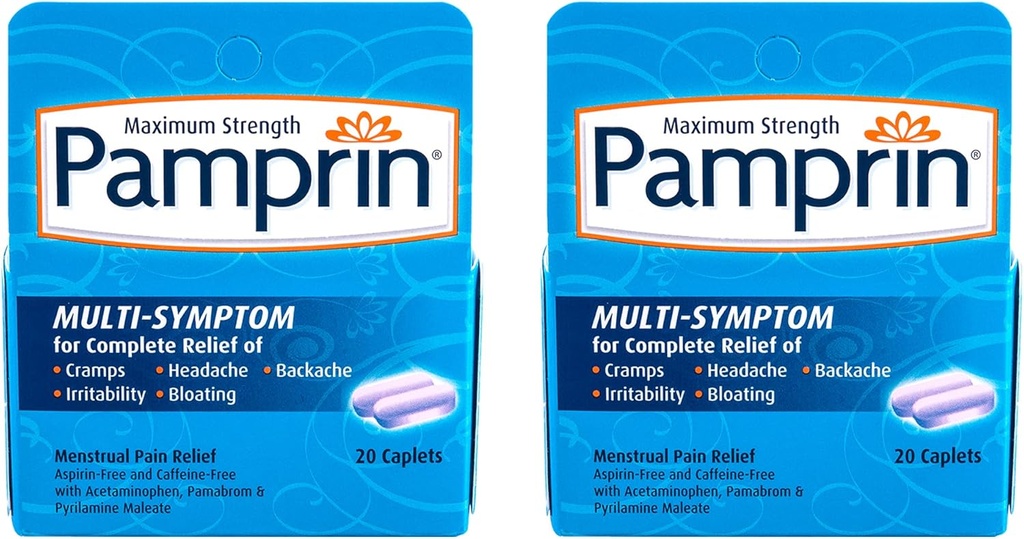 Fórmula multi-sintomas de Pamprin, com acetaminofeno, alívio dos sintomas do período menstrual incluindo cãibras, dor, irritabilidade e inchaço, 20 Caplets (Pacote de 2)