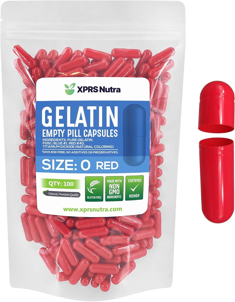 XPRS Nutra Ukuran 0 Kosong Capsules - 100 Cacah Katup Gelatin Kosong - Pil DIY Filling - Bovine Pure Filable Pill Gel Caps untuk Do- It- Yourself Suplemen (Merah)