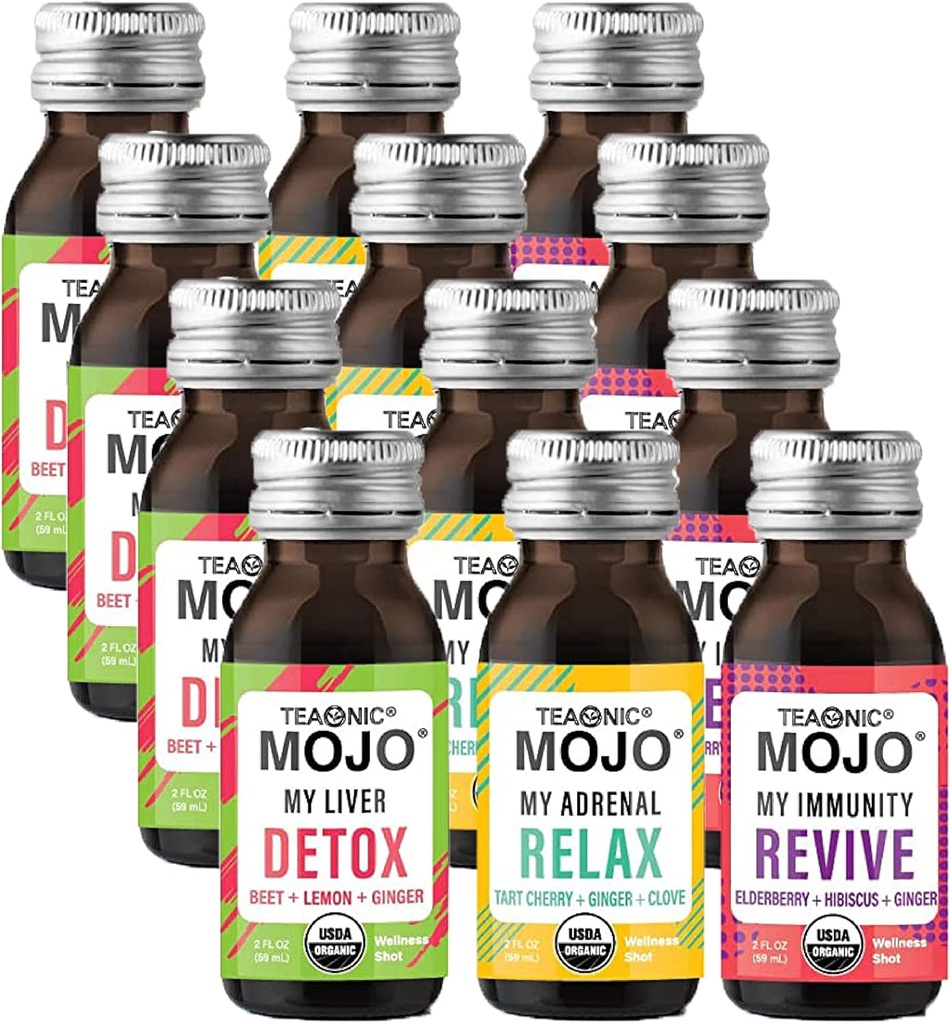 TEAONIC Wellness Shots - Variety Pack: Relax, Revive, Detox Shots, USDA-Certified Organic Wellness Shots, 12 Pack, 2 Fl. Oz Jeder