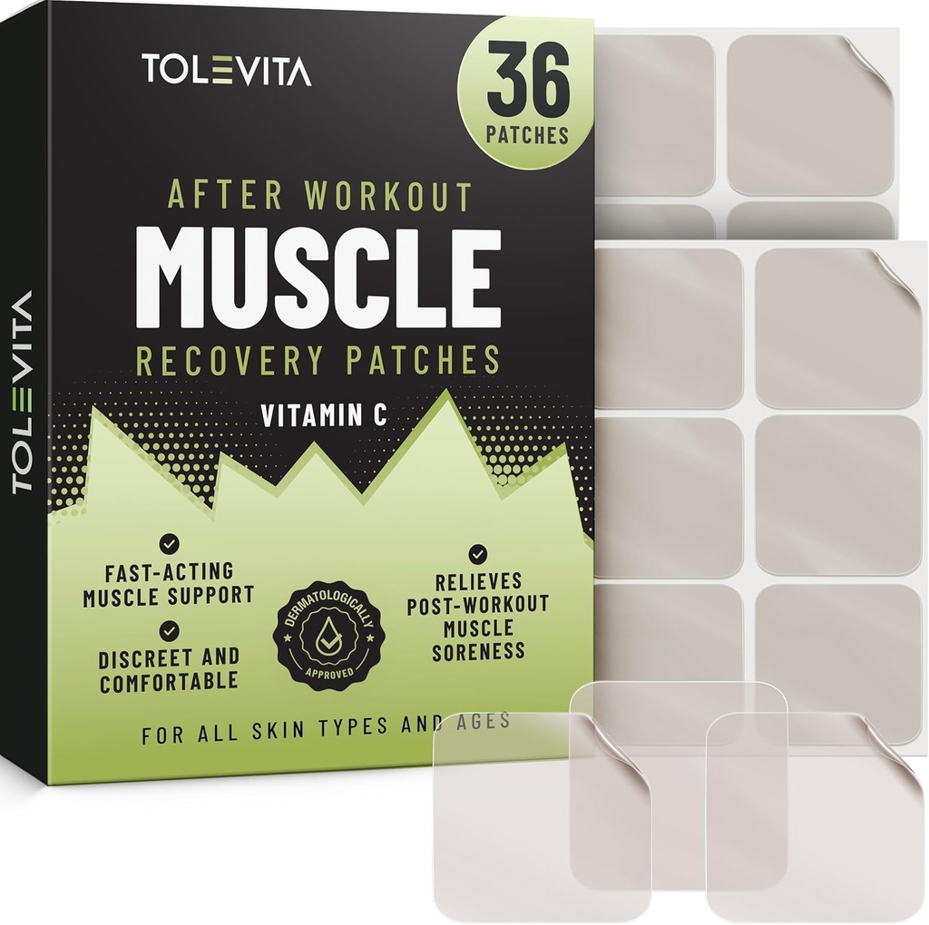 Post Workout Muscle Recovery Patches met Vitamine C - 36 Patches voor actieve Lifestyle Ondersteuning, helpt kalmeren en vernieuwen na de oefening, Handig en gemakkelijk te gebruiken voor mannen en vrouwen